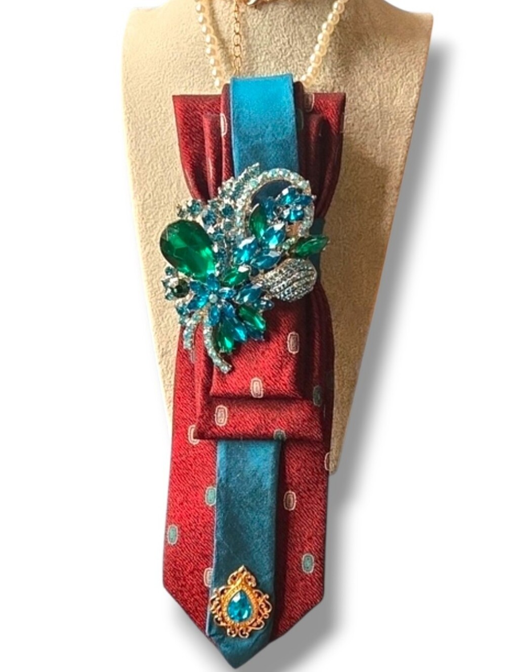 3/$60 Teal & Burgundy Statement Cravat Brooch Necklace